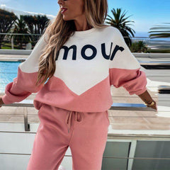 Knitted Panelled Letter Women Two Piece Set Pullover