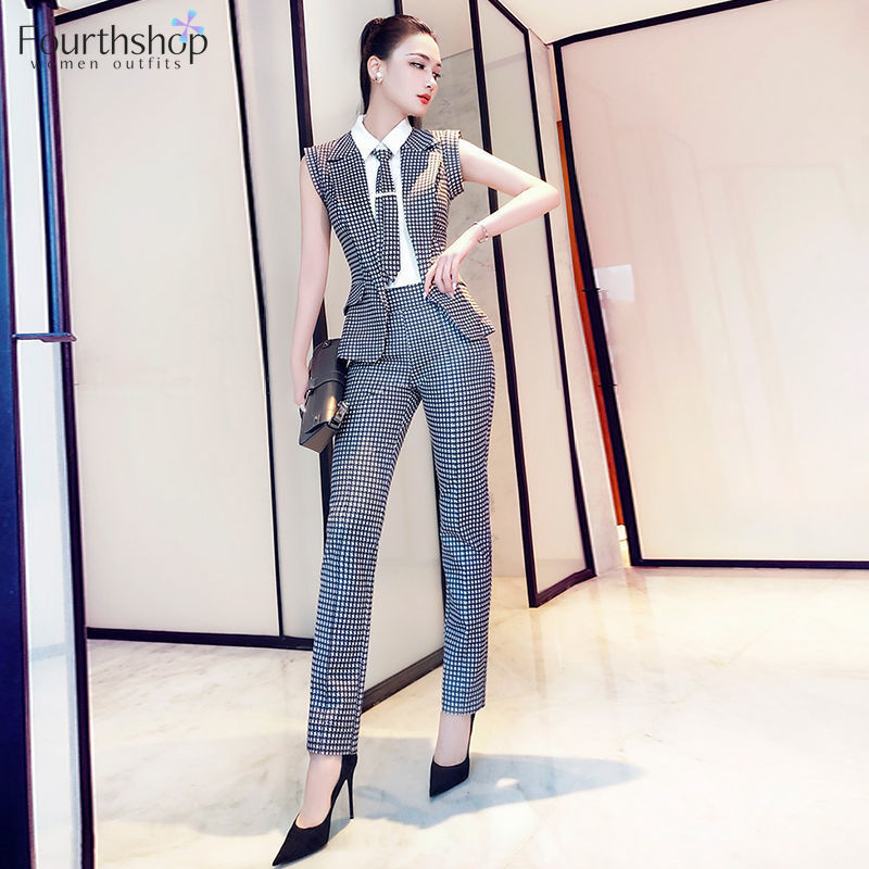 Fashion Plaid Pants Suits Office for Lady