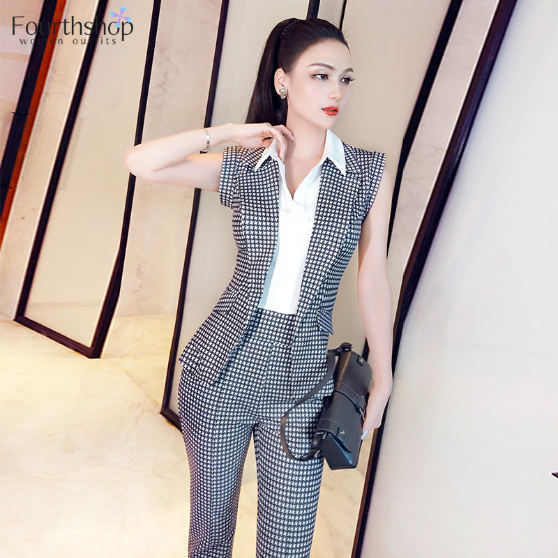 Fashion Plaid Pants Suits Office for Lady
