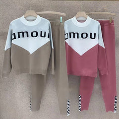 Knitted Panelled Letter Women Two Piece Set Pullover