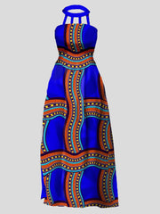 Tribal Print Cage Neck Royal Maxi Dress